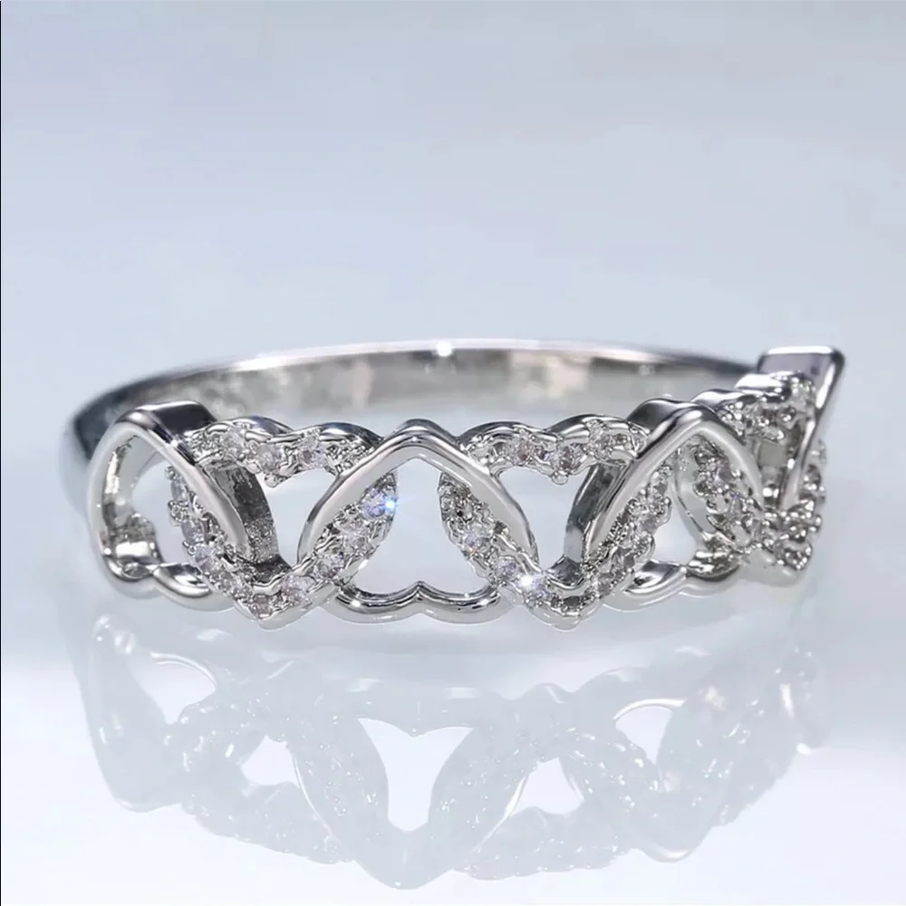 New Lovely Hearts 925 Silver White Sapphire Ring